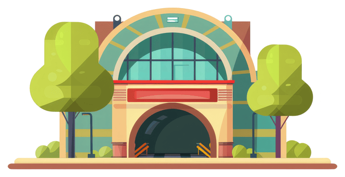A stylized illustration of a building with green trees png