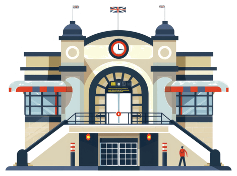 A stylized illustration depicts an entrance of a transportation center png