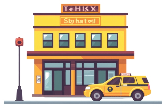 A cartoon building with a yellow taxi cab on the street png