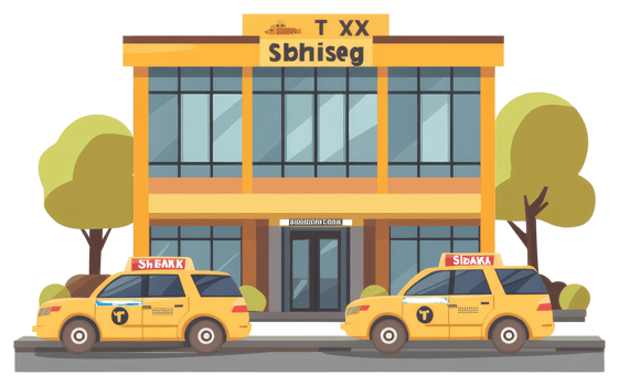 Two yellow taxis parked outside a building with a tree png