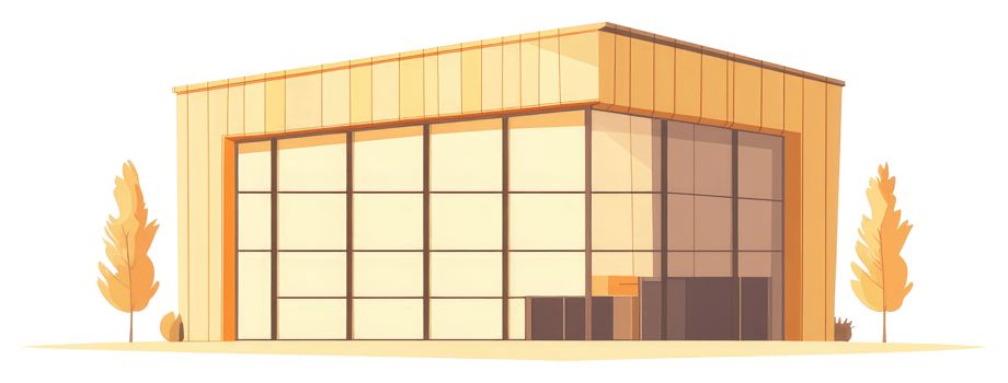 A modern building with glass windows and trees on the side png