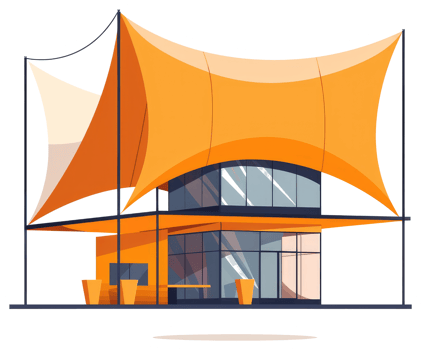 Modern building design featuring large orange fabric canopies over structures png