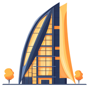 An illustrated modern architectural building design with trees and a backdrop png