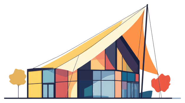 Modern building architecture with large tent like awning and colorful windows png