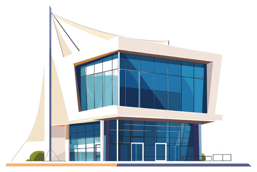 A modern building design featuring large glass windows and a shade png