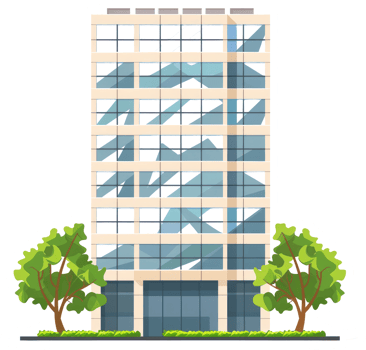 A tall office building with trees and a green grassy foreground png