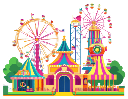 A colorful and detailed illustration of a vibrant amusement park png