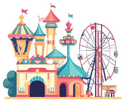 A brightly colored illustration of an amusement park scene png