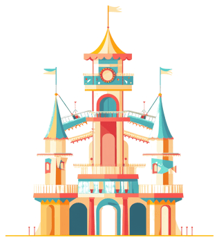 A colorful cartoon illustration of a whimsical amusement park structure png