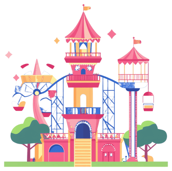 A colorful illustration depicting an amusement park scene with rides png