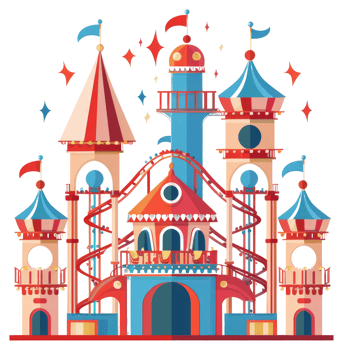 A stylized colorful amusement park scene with rollercoaster elements png