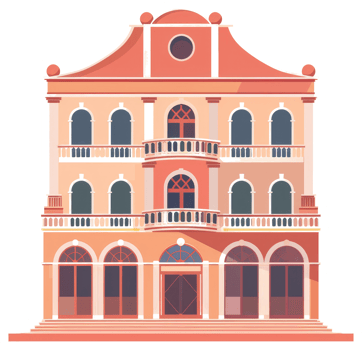An illustrated building with balconies and arched windows depicted on display png