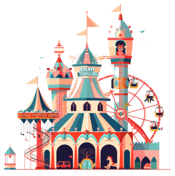 A vibrant illustration of a whimsical carnival amusement park png