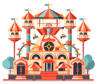 A brightly colored illustration of a complex amusement park structure png