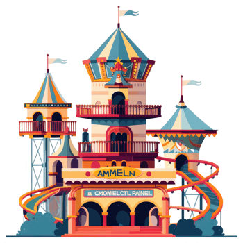 A colorful whimsical amusement park structure with multiple slides and towers png