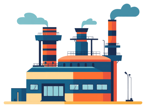 Colorful illustration of an industrial factory emitting smoke from smokestacks png