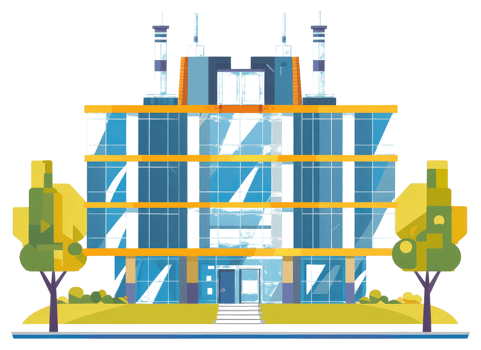 A modern three story building with glass windows and trees png