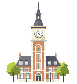 A detailed illustration featuring a building with a clock tower png