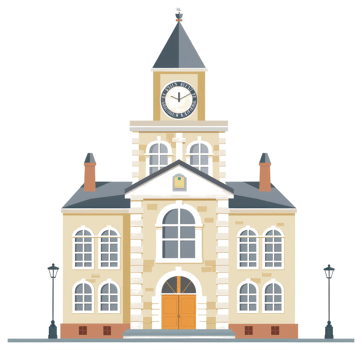 An illustrated view of a grand building with a clock tower png