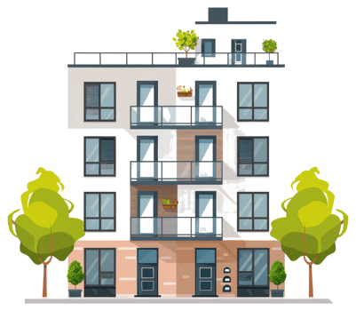 A modern multi story residential apartment building with trees png