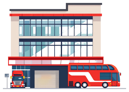 A sticker of a red double decker bus and a building png