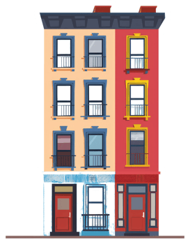A sticker of a colorful building with windows png