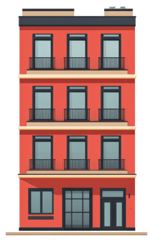A red building with balconies and windows sticker png
