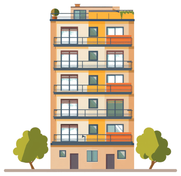A cartoon apartment building with balconies and trees png