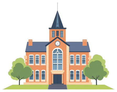 A school building with a clock tower and trees png