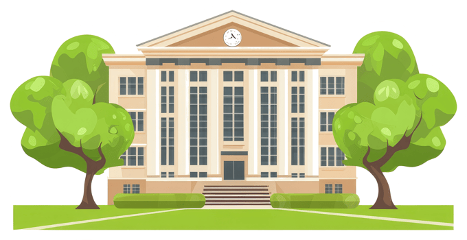 A cartoon building with trees and grass png