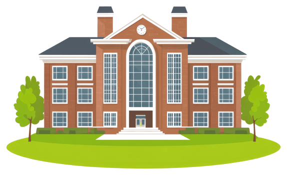 A cartoon building with a green lawn and trees png