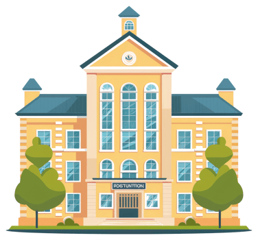 A cartoon school building with trees and bushes png