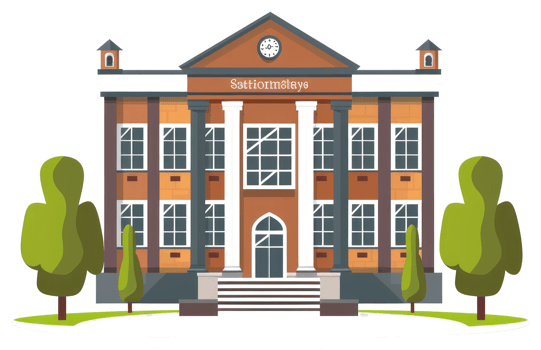 A sticker of a school building with trees and steps png