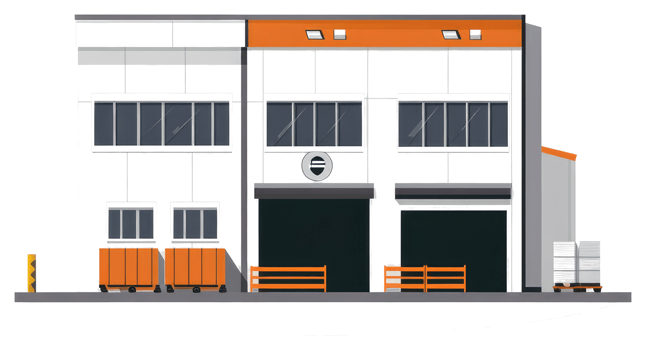 A sticker of a warehouse building with orange and white doors png