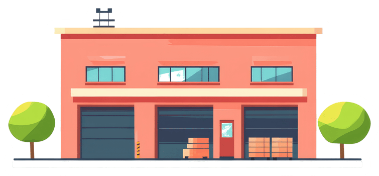 A cartoon warehouse building with a tree and a truck png