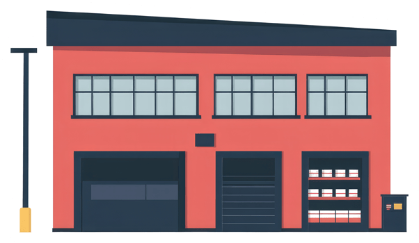 A sticker of a red building with a garage door png