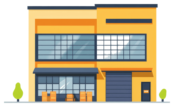 A cartoon building with a large window and a door png