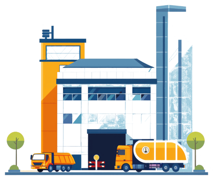 A sticker of a factory with trucks and trucks png