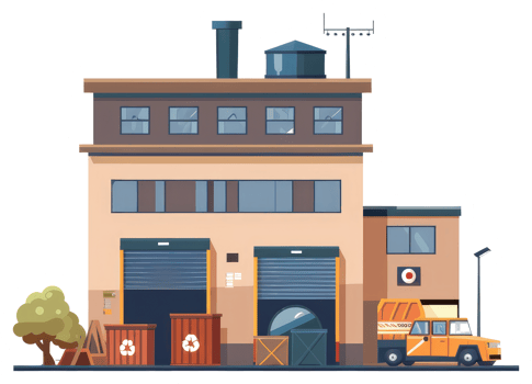 A cartoon factory building with a truck and garbage cans png