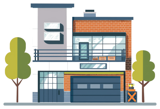 A cartoon house with a garage and trees png