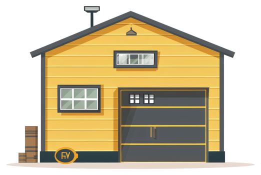 A yellow garage with a brick wall sticker png