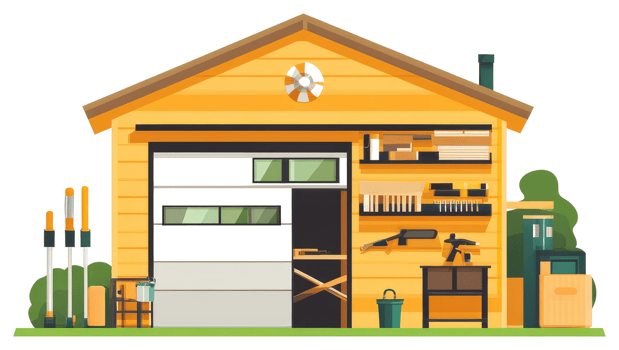 A cartoon house with tools and tools on the wall png