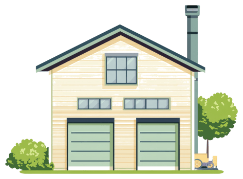 A cartoon house with a garage and trees png