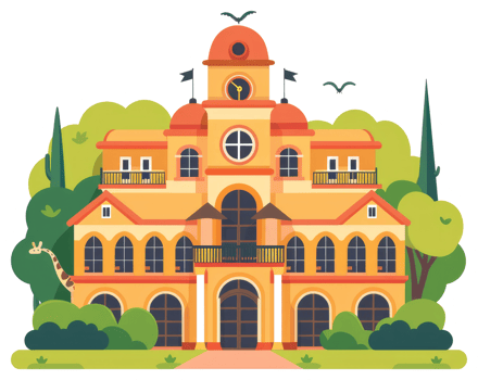 A cartoon style yellow building with clock and greenery surrounding it png
