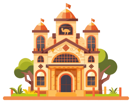 An illustrated building with trees and ornamental architectural features png