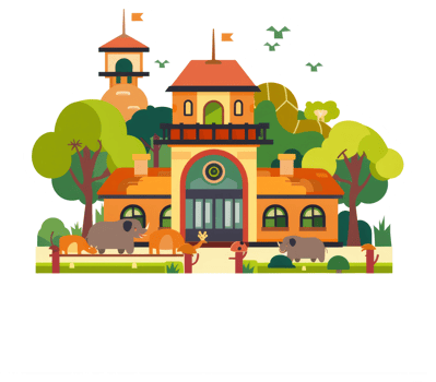 Colorful illustration depicts an animal park with architectural designs and wildlife png
