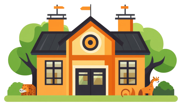 A cheerful illustration of a school with a giraffe and cheetah png