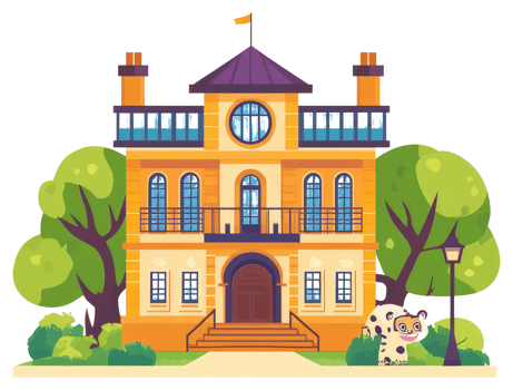 A colorful cartoon illustration depicts a building with landscaping png