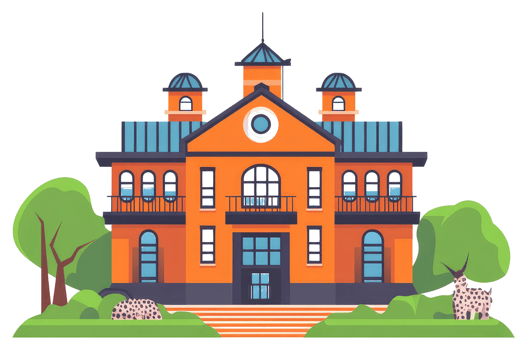 A stylized illustration depicts a large orange building on a green lawn png