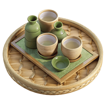 beautiful artistic Bamboo Tray with Tea Cups and Saucer Set Cutout high resolution png
